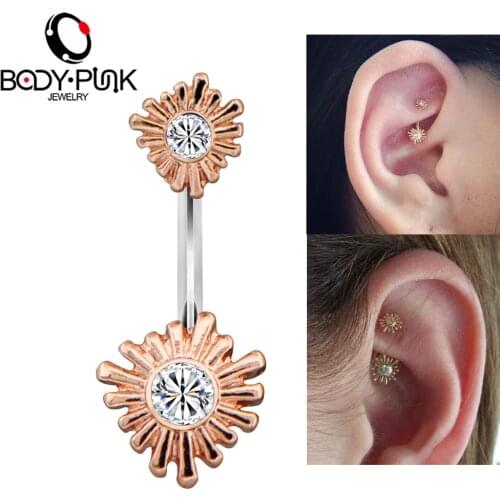 Body Punk New Rook Earrings Piercings 16G 1.2mm Rose Gold With Rhinestone Sun Shape Curved Bar Daith Piercing Ring Jewelry Women