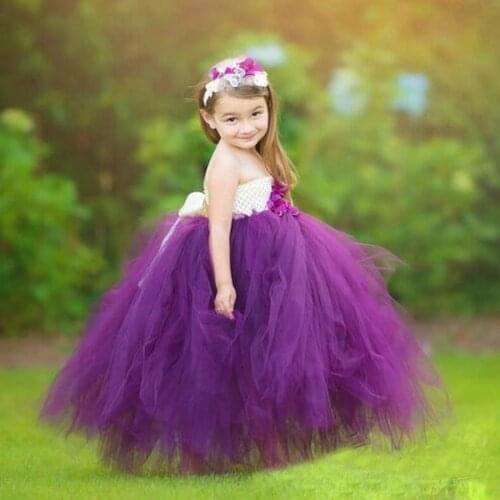 Cute Girls Purple Flower Petals Fairy Tutu Dress Kids Tulle Dress Ball Gown with Headband Children Cosplay Costume Party Dress