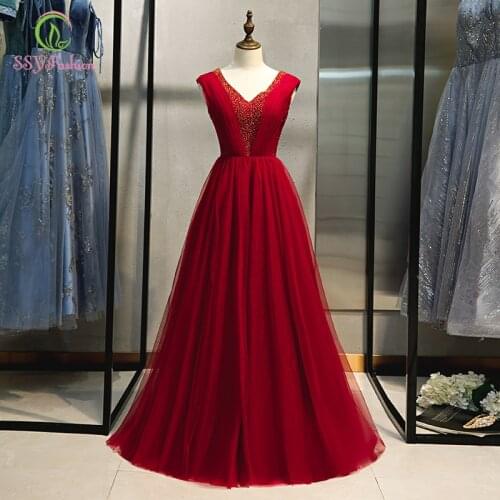 SSYFashion New Burgundy Evening Dress Banquet Elegant Long V-neck Floor-length Sequins Beading Formal Gown Vestidos De Fiesta