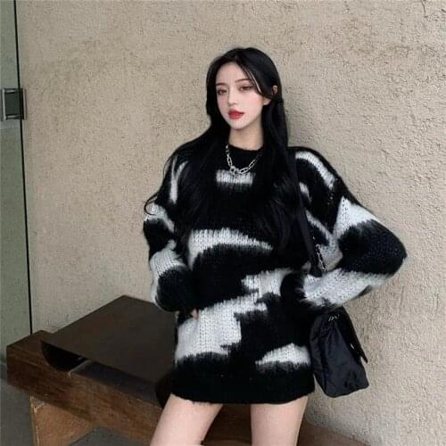 New Fashion Color Contrast Knitted Sweater Women Clothes Korean Student Long Sleeve Loose Knitwear Casual Ladies Tops Tide G1356