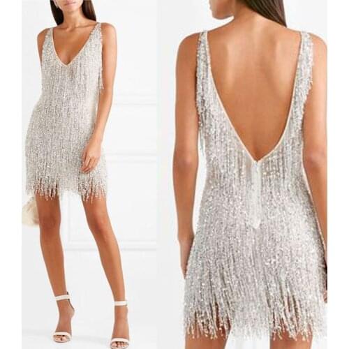 BE HYGGE New Sexy Deep V Neck Sleeveless Mini Dress Women Sparkly Sequines Tassel Sweet Cute Short Fringed Fashion Party Dress