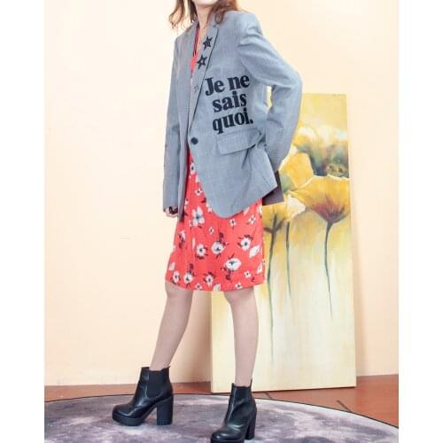 Women Coat Bust Embroidered Letters Rhinestone Plaid Blend Commuter Fashion Blazer