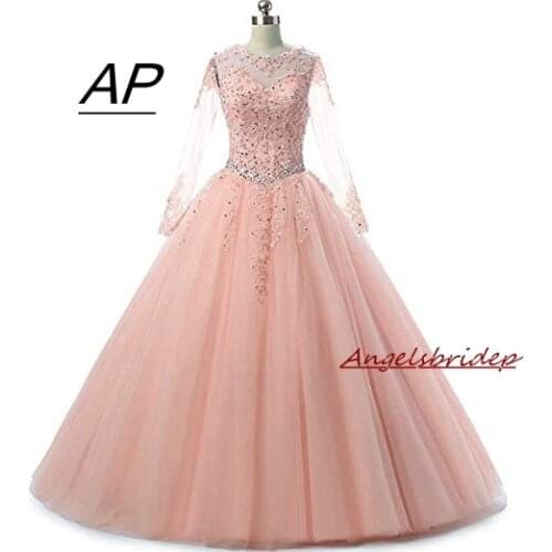 ANGELSBRIDEP Sweet 16 long Sleeves Quinceanera Dress Debutante Gown Sexy Sheer Neck Applique Hollow Back Celebrity Party Gowns