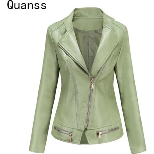 Quanss Autrumn Winter Fashion Women PU Faux Leather Jackets Zipper Casual Black Red Coats Female Solid Motorcycle Outerwear