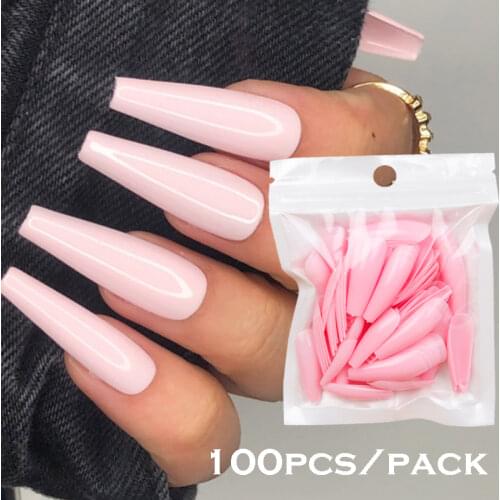 100Pcs Candy Color False Nail Pink White Ballerina Press on Fake Nails Art Tips Extension Acrylic Full Cover Nail Manicure Tools
