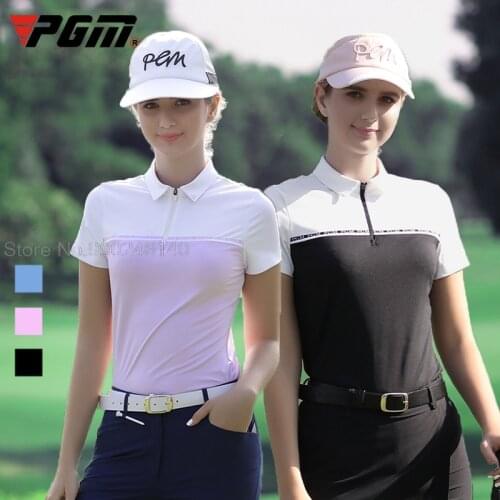 2021 Pgm Golf Women Sport Shirt For Ladies Short Sleeve Stand Collar T Shirts Golf Training Apparel Ladies Slim Tops Clothes