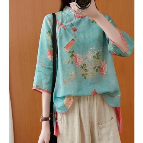 2021 Woman Traditional Chinese Clothing Top Retro Floral Print Hanfu Top Women Elegant Oriental Tang Suit Green Chinese Blouse