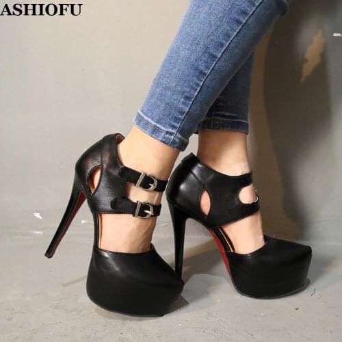 ASHIOFU Hot-Style Women High Heel Pumps Buckle Straps Platform Party Prom Dress Shoes Round-toe Club Evening Fashion Pumps Shoes