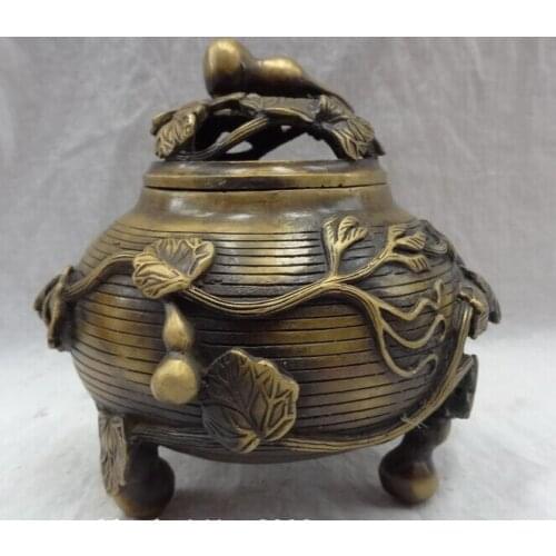 Bi001744 Chinese Bronze Buddhist Shou Bottle Gourd Statue Leaf Incense Burner Censer