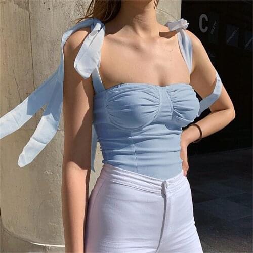 Elegant Ribbon Tops Summer Womens Sexy Solid Color Sleeveless Lace Up Bow Slash Neck Blue Tank Tops S-L 2020 New Arrival