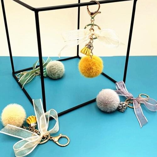 Elegant Lace Bow-Knot Round Ball Keychain for Women Girl Cute Pompom Faux Mink Fur Key Chain Bag Charms Keyring Party Gift