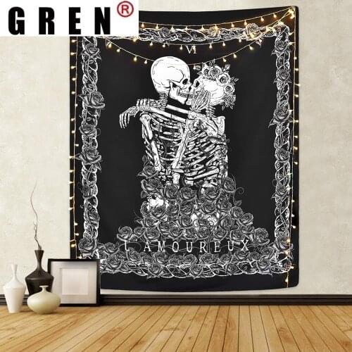 GREN Witchcraft Skull Tapestry Mountain Wall Hanging Black Psychedelic Mandala Tapestries Wall Carpet Cloth Home Decor 95x73cm