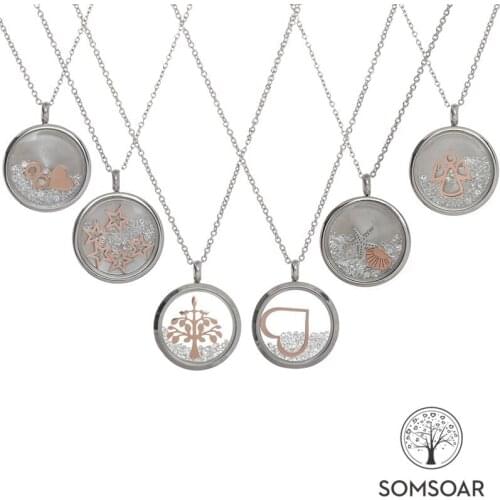Wholesale Somsoar Jewelry 23mm Stainless Steel Glass Charm Pendant Necklace with White Clear Crystal in Glass Pendant as Gift