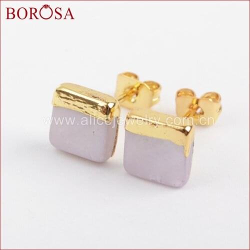 BOROSA Wholesale Gold Color 7mm Square Natural White Shell Stud Earrings for Women, Fashion Druzy Stud Earrings Jewelry G1363