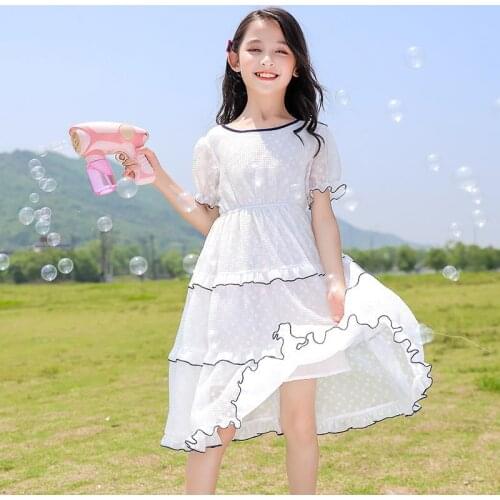 Teenage Girls Dress Costume Kids Girl Sweet White Floral Tulle Dress Pleated Tutu Party Wedding Princess Dress for Girls Clothes