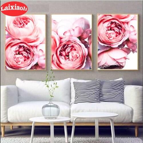 Full square round diamond painting Peony 3 pcs pink flower diamond embroidery 5D rhinestone mosaic diamond inlaid pattern decor