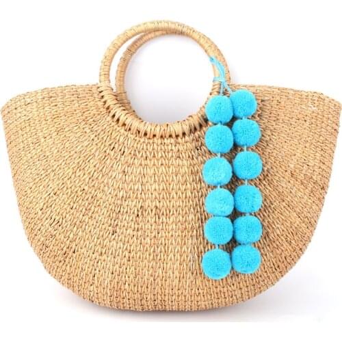 Pompon Charm Women Strawbag Pompom Long Bag Charm Acessories For Boho Plush Jewelry Gift