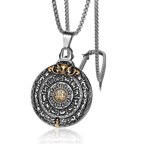 Retro Amulet Necklace for Men Titanium Stainless Steel Buddhism Jiang Mochu 12 Zodiac Round Pendants Necklace Men Punk Jewelry