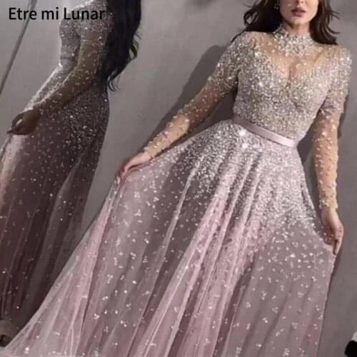 Lastest Design Pink High Collar Prom Dresses 2020 Long Sleeves Sequined Luxury Sexy Prom Gowns Real Photo LE4058