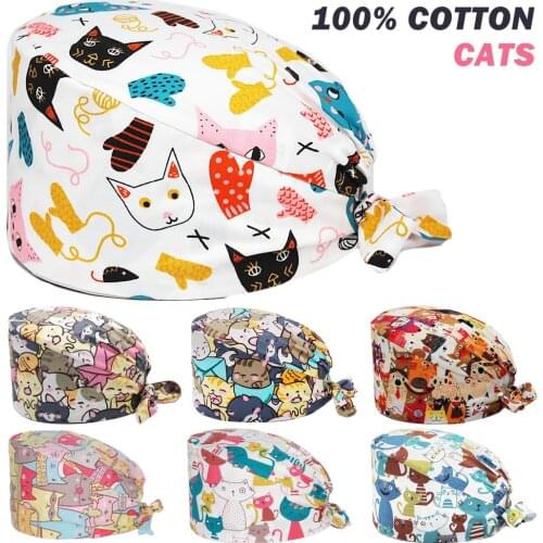 Unisex Cotton Scrub Cap Adjustable Tie Back Cats Printing Nursing Hats Beauty Salon Pet Shop Clinic Working Scrub Caps Women Men
