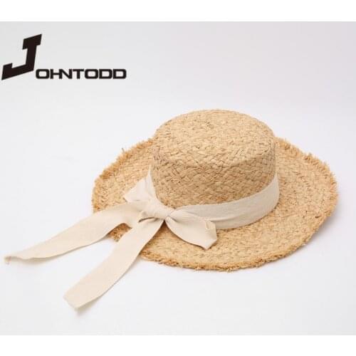 2021 Summer Women Flat Top Raffia Hat Panama Handmade Straw Cap Big Brim Black White Bow Ribbon Temperament Beach Holiday SunHat