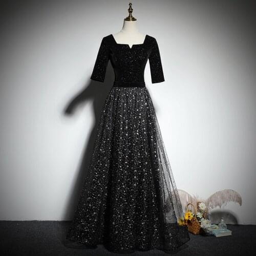 Sequins Half Sleeves Evening Dress Fashion Lace Up Simple A-Line Square Collar Floor-Length New Party Formal Dresses Woman B1069
