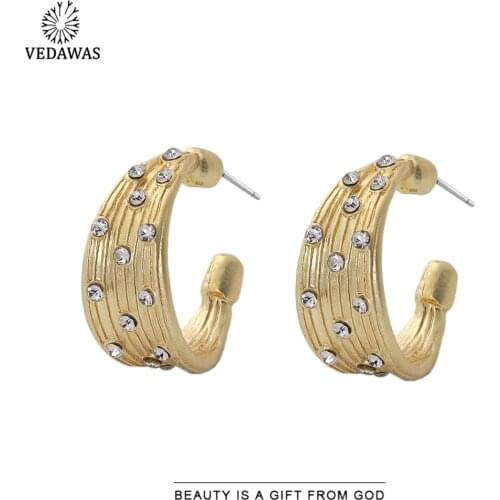 Vedawas Vintage Crystal Hoop Earrings For Women Punk Metal Gold Color Round Twist Stud Earrings Jewelry Party Gifts Wholesale