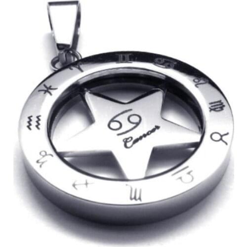 Vintage 316l Stainless Steel 25mm Round Circle Star Zodiac Cancer Pendant Necklace Jewelry With Bead Chains