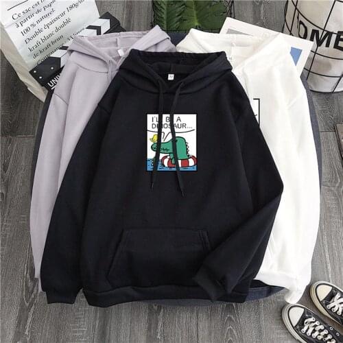 Kawaii Sweatshirts Hoodies Womens I'll Be A Dinosaur Cute Pattern Round Neck Long Sleeved Hooded Hip Hop Loosen Pullover Blouse