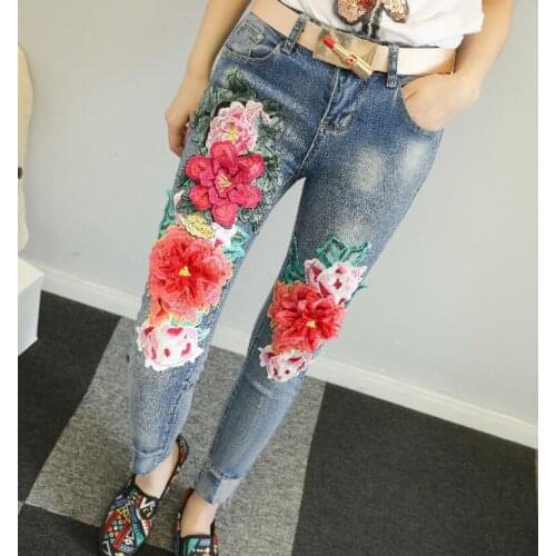 Womens Korean Fashion peony embroidery Jeans Female Sexy Jeans Plus Size slim denim long pants TB518