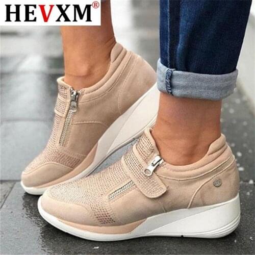 Women Spring Crystal Sneakers Womens Wedge Platform Hook Loop Ladies Zip Casual Woman Vulcanized Comfort Female Fashion 35-43