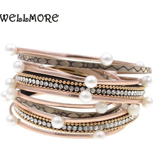 WELLMORE 2018 new style wrap bracelets simulated pearl 2 layer leather bracelet Bohemian bracelets for women jewelry wholesale