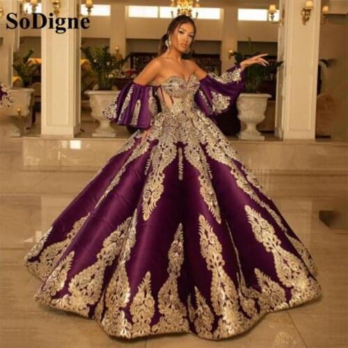 SoDigne Purple Formal Evening Dresses Sweetheart Half Sleeve Gold Lace Applique Kaftan Caftan Arabic Long Prom Gowns