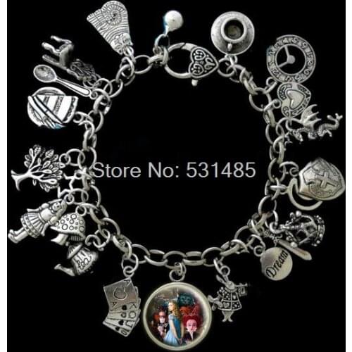6pcs Alice In Wonderland Themed Charm Bracelet, Movie Style silver tone