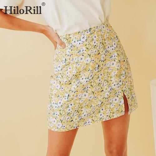 HiloRill Chic Women A Line Mini Skirts 2021 Floral Print Split Sweet Skirt Female Elegant High Waist Retro Skirt Mujer Faldas
