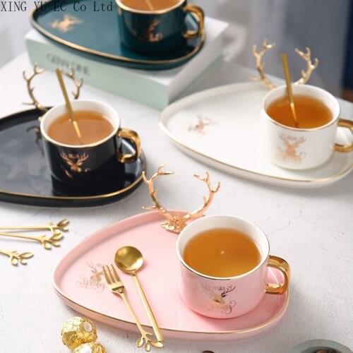 Nordic Ceramic Coffee Cup Dessert Plate and Saucer Afternoon Tea Cup Creative Irregular Tray Alloy Deer Head Coffee Cup Plate