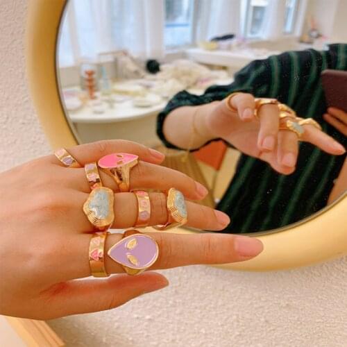 New Ins Drop Oil Smiley Face Heart Ring Cute Colorful Mushroom Flower Alien Rings For Women Girls Fashion Jewelry Gift