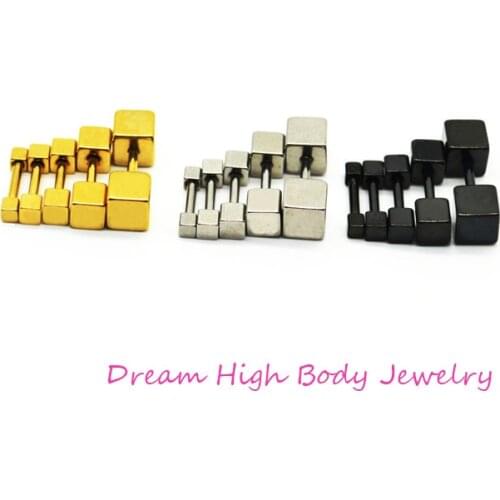 Quartet 2 3 4 5 mm square stud earrings Steel Black gold earrings titanium Barbell Punk Simple Women Body Piercing Jewelry