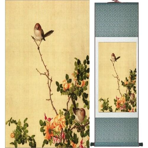 LangShining ink painting Birds and flower Painting Spring Ink wash painting silk scroll birds and flower painting