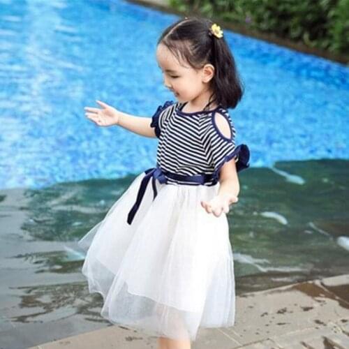 Little Girls Summer Dress Fashion Children Clothing Short Sleeve Shoulderless Striped Mesh Patchwork Ball Gown Princess Dress