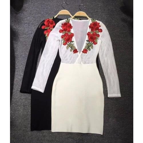 Must Have Stunning Mesh Long Sleeves Rose Floral Club Celebrity Party Bandage Dress Wholesale Drop Shipping