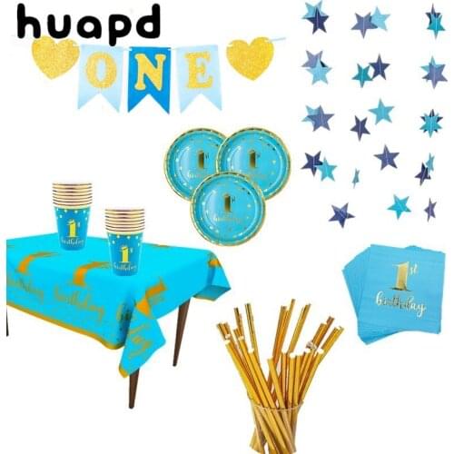 Happy first birthday disposable tableware set pink blue plate straw napkin paper cup baby baptism 1 year old birthday party