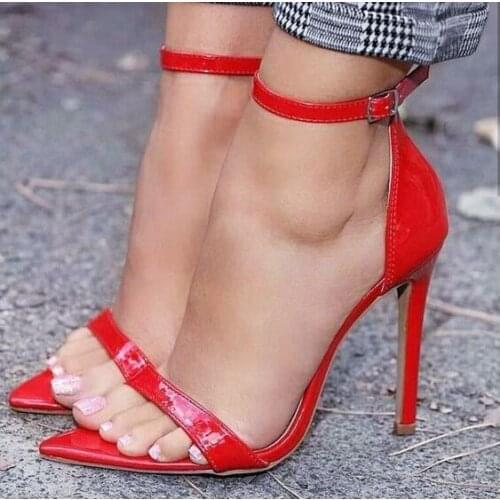 Sexy Pointed Toe Red Patent Leather Women Sandals Ankle Strap Patent Leather Wedding Shoes Bride Heels Ladies Shoes Customized
