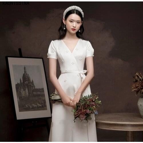 New Simple Wedding Dress Satin Full Length V-Neck Short Sleeve Elegant Engagement Reception Formal Bride Gown Wedding Dresses