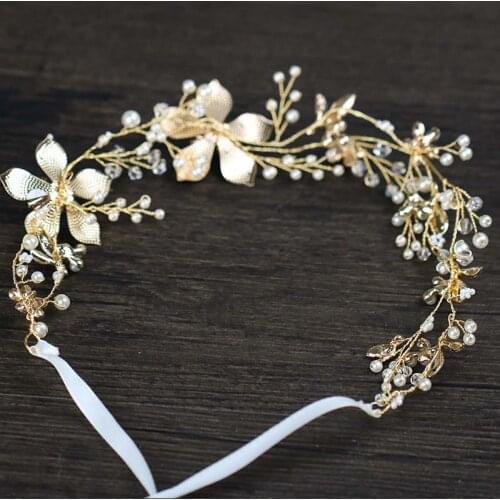 Golden Leaf Wired Crystal Rhinestone Pearls Flower Wedding Hair accessories Hair Vine Hairband Bridal Headband EA