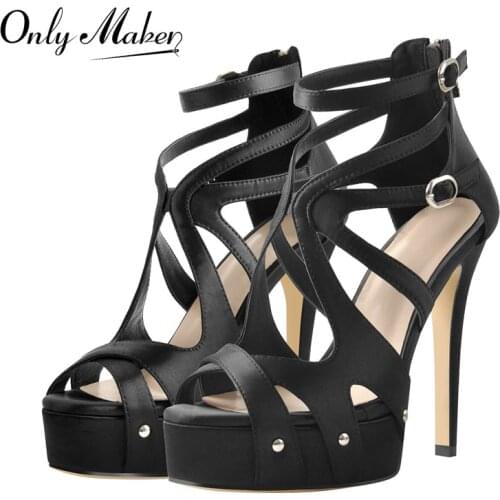 Onlymaker Summer Cross Strap Platform Sandals Black Soft PU Leather Cover Heel Buckles Thin High Heel Shoes Zipper For Women