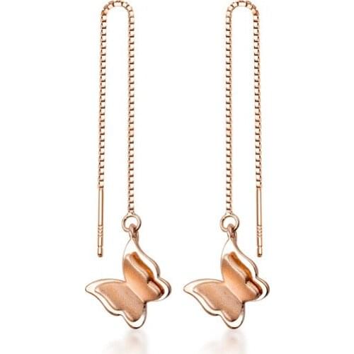 XHC2 100% Real 925 Sterling Silver Butterfly Threader Earrings Rose Gold Long Butterfly Pull Through Drop Earrings for Women