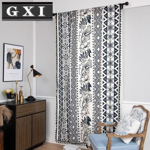 Printing Bohemia Flower Linen Cloth Half Shade Black Tassel For Living Room Bedroom Kitchen Door Window Treatment Divider Drapes