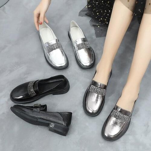Genuine leather glitter folds flats rhinestone loafers round toe Mirror derby shoes women gun/silver real leather oxfords femme