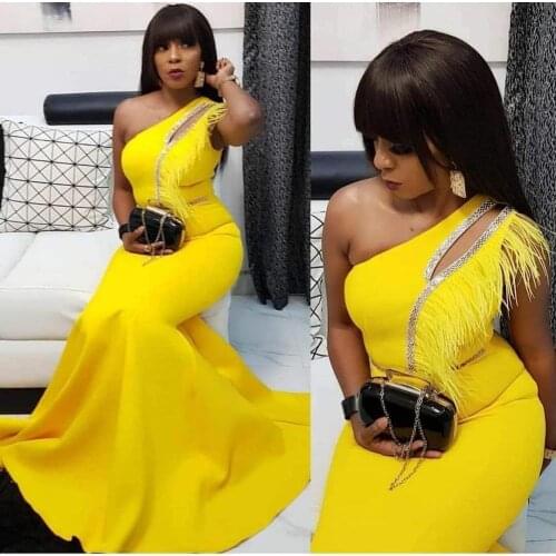 YiMinpwp Yellow Mermaid Prom Dresses One Shoulder Sweep Train Sequined Feather Long Formal Evening Party Gowns vestidos de noche